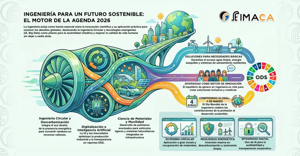 Infografía técnica de FIMACA sobre el motor de la Agenda 2026, detallando pilares de ingeniería circular, descarbonización, inteligencia artificial y resiliencia energética para el desarrollo sostenible