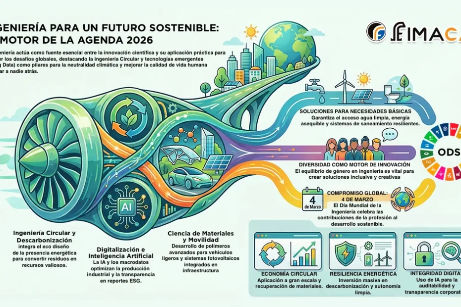 Infografía técnica de FIMACA sobre el motor de la Agenda 2026, detallando pilares de ingeniería circular, descarbonización, inteligencia artificial y resiliencia energética para el desarrollo sostenible